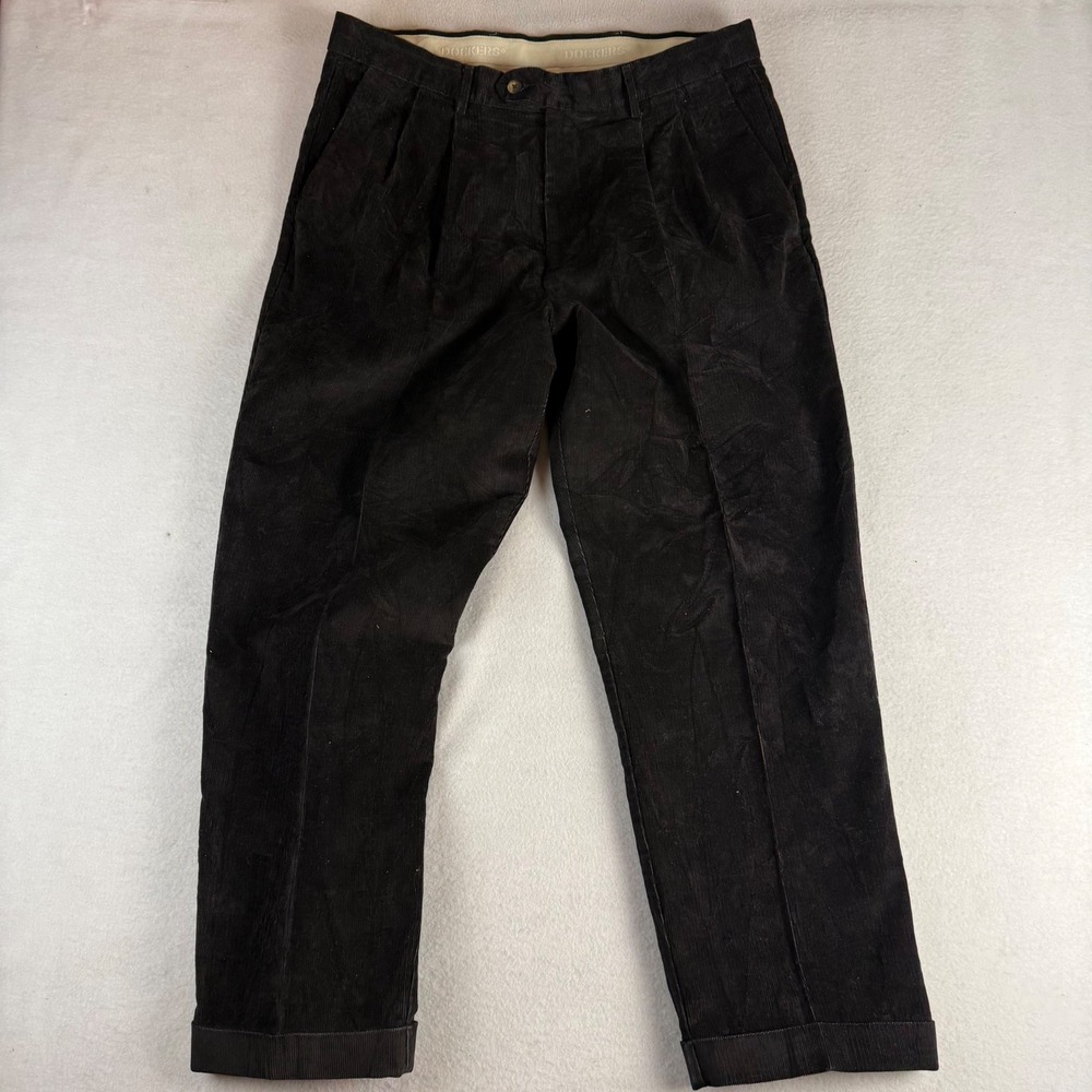 Dockers Mens Pleated Corduroy Pants Dark Brown Cuffed Straight Leg 36x28